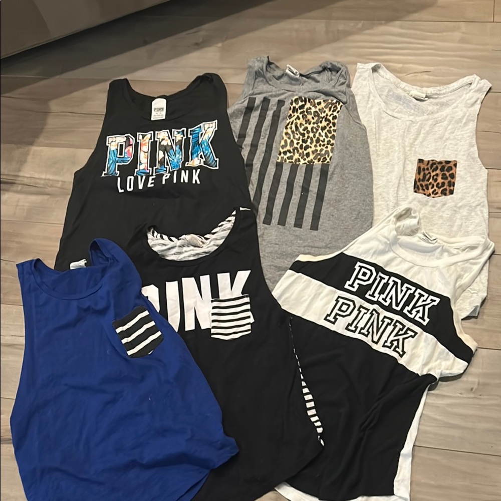 5 PINK Victoria's Secret Graphic Tank Tops - Blue, Black, Gray, white